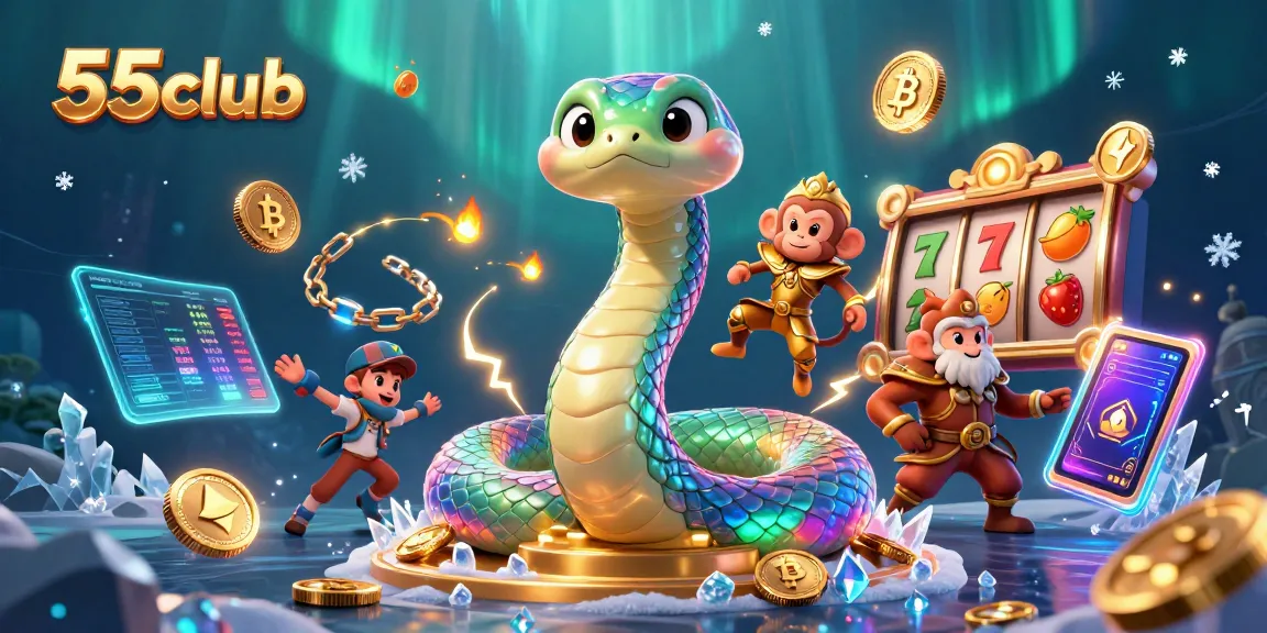 Experience thrilling gameplay at 55club with a vibrant 3D illustration featuring casino elements.