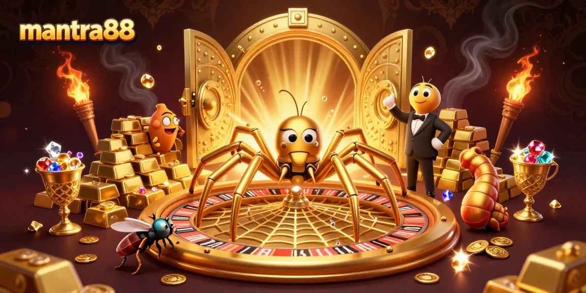 Experience thrilling bets on mantra88 with golden spider and roulette wheel in vibrant 3D illustration.