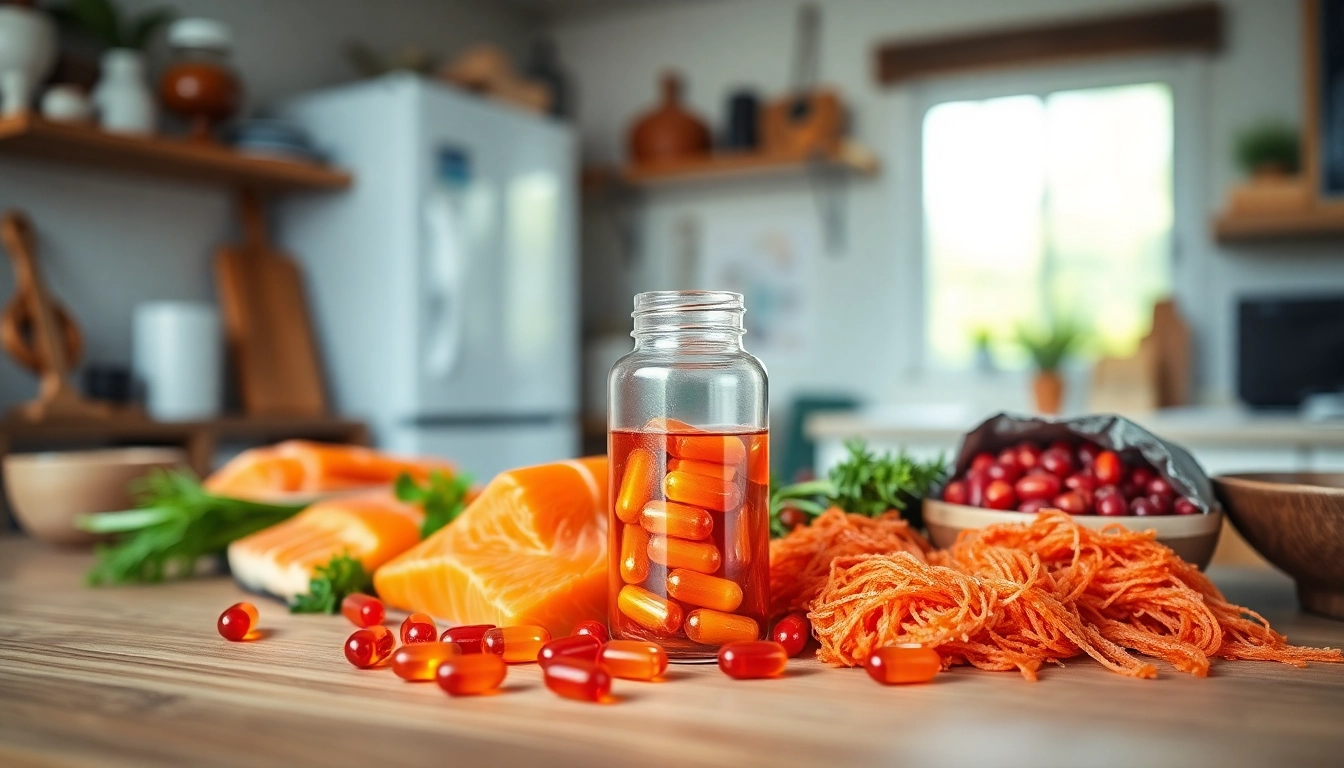 Vivid depiction of astaxanthin explained through rich foods and supplements on a kitchen table.