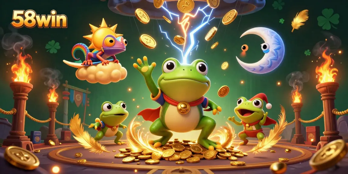 Experience the magic of 58win with a weather wizard frog conjuring coins in a vibrant online casino scene.