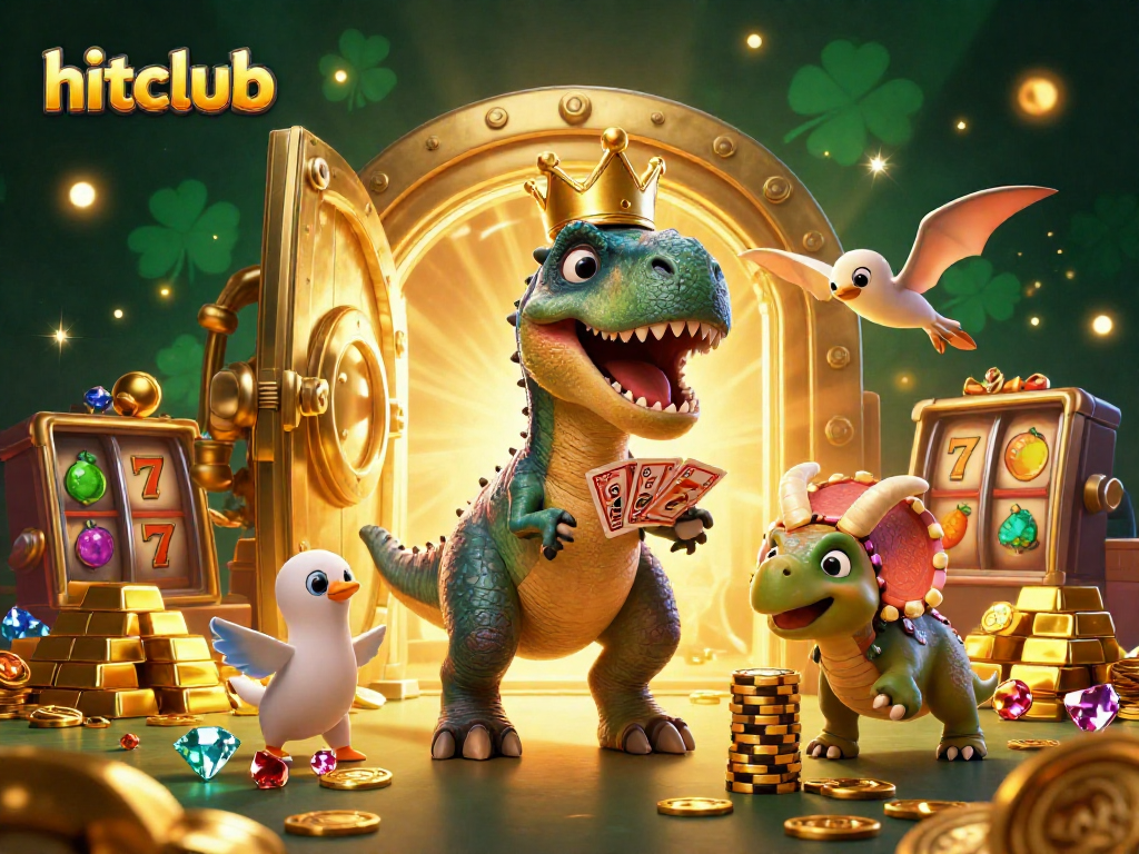 Hitclub showcases a T-Rex and friends in a lively casino, featuring vibrant treasures and dynamic gameplay.
