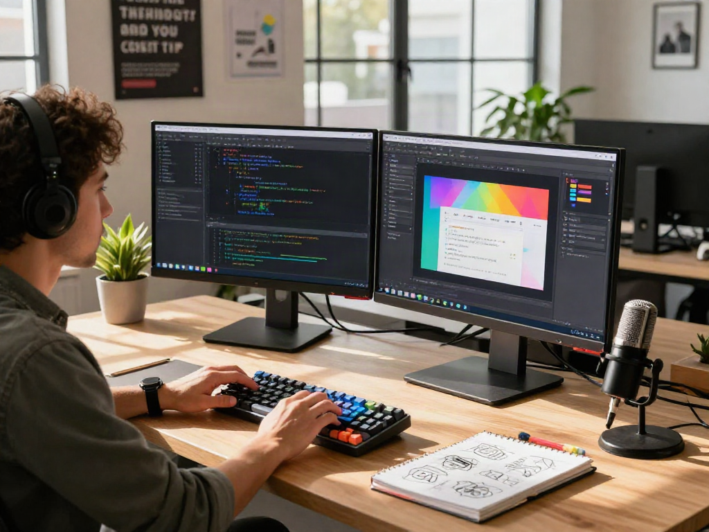 Developer using crush on technology in a modern workspace with dual monitors.