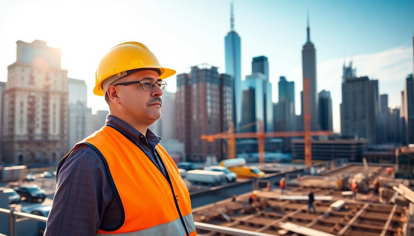 New York City Construction Manager leading a team on a bustling construction site in NYC.