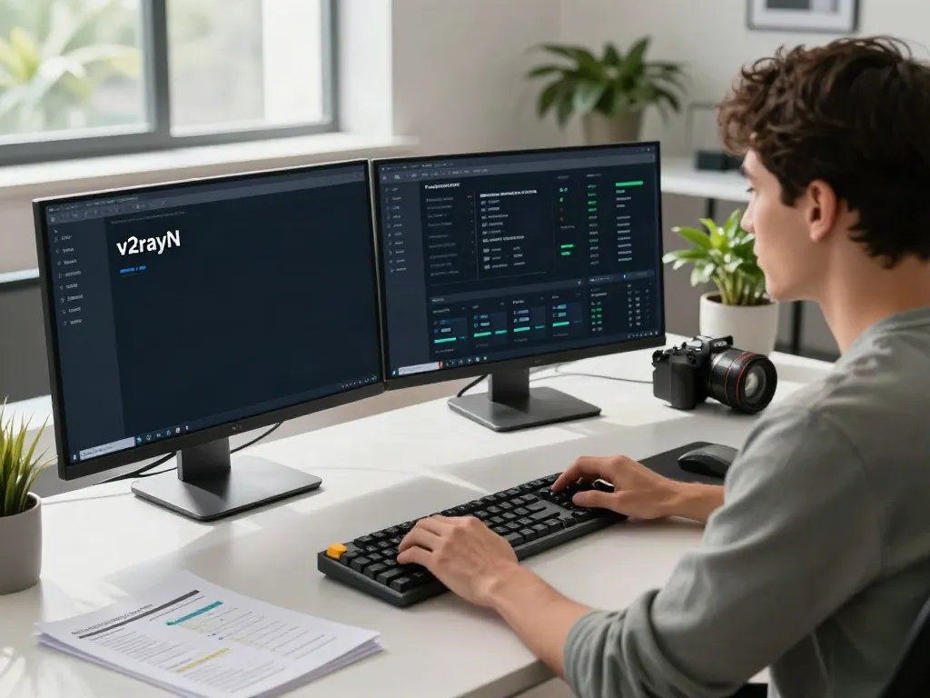 Professional workspace featuring v2rayN software management on dual monitors and sleek tech decor.