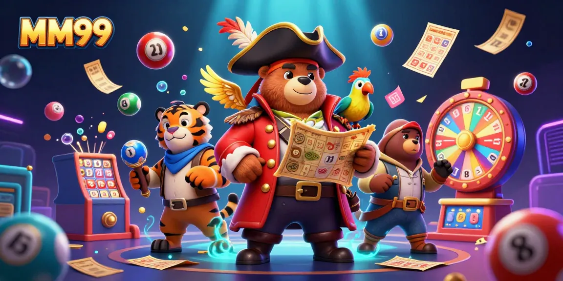 Experience thrilling gaming with MM99, featuring a pirate bear and vibrant lottery elements.