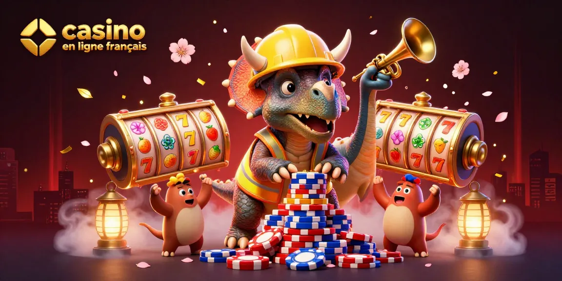 Découvrez les jeux de casino en ligne français avec une illustration dynamique de dinosaures célébrant autour de machines à sous.