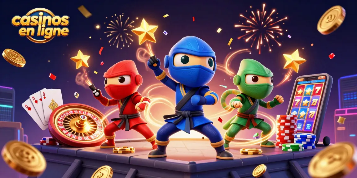 Illustration de casinos en ligne avec des caméléons ninjas, pièces d'or et affichage de machine à sous.
