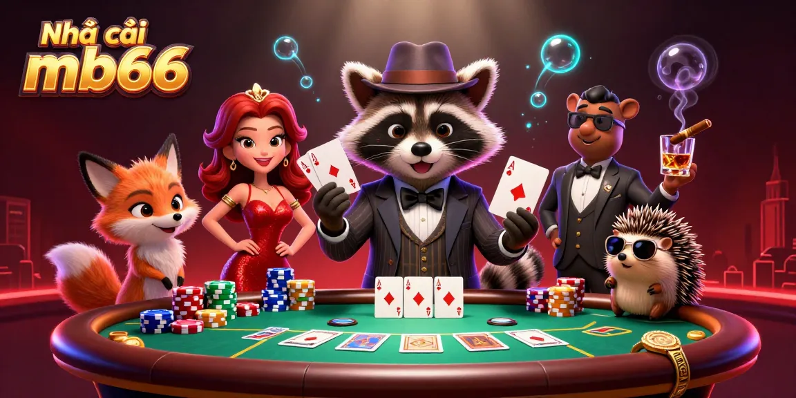 Feel the thrill at Nhà cái mb66 as a suave raccoon plays poker with friends in a vibrant scene.