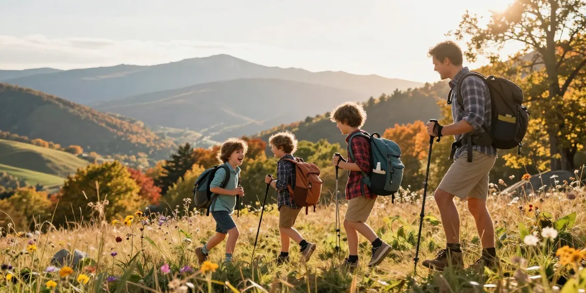 Family enjoying outdoor adventure with thatmountainlife.com in scenic mountain landscape.