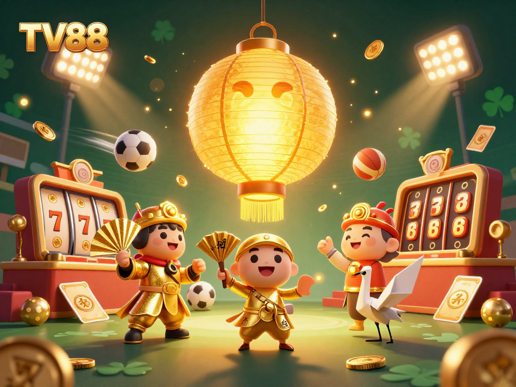 Engage in the vibrant world of TV88 while spinning golden jackpot reels in an immersive casino scene.