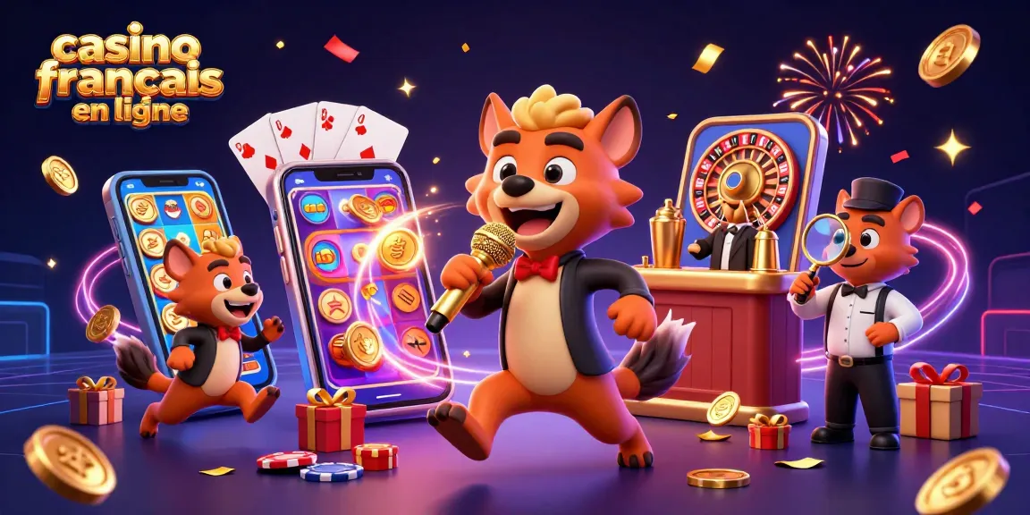 Animation humoristique au casino français en ligne avec des hyènes comiques, machines à sous, et champagne.