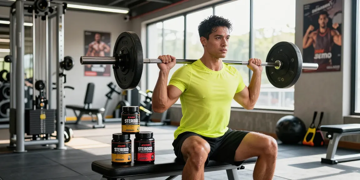 Athletic man demonstrating a weightlifting routine near Astera Steroid Shop supplements in a modern gym.