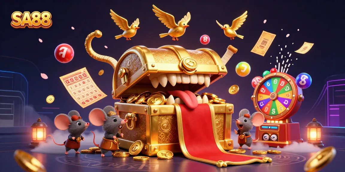 Engage in thrilling SA88 gaming with vibrant lottery elements and a captivating treasure chest.
