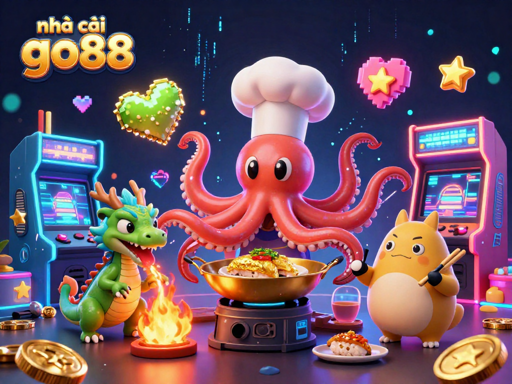 Action-packed scene showcasing nhà cái go88 with a sushi chef octopus and vibrant casino elements.