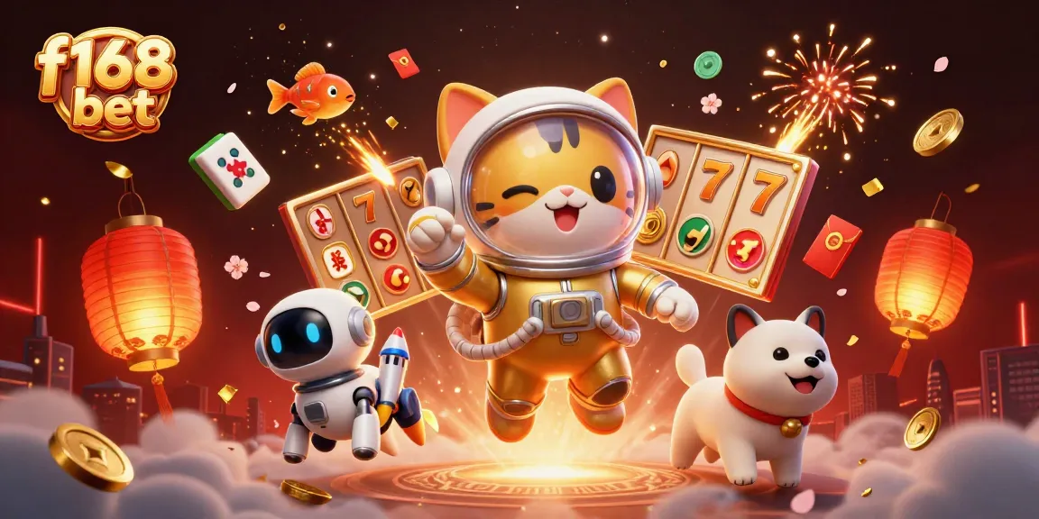 Engage in the thrill of f168 bet with a dynamic illustration featuring a space cat, robotic dog, and vibrant casino elements.