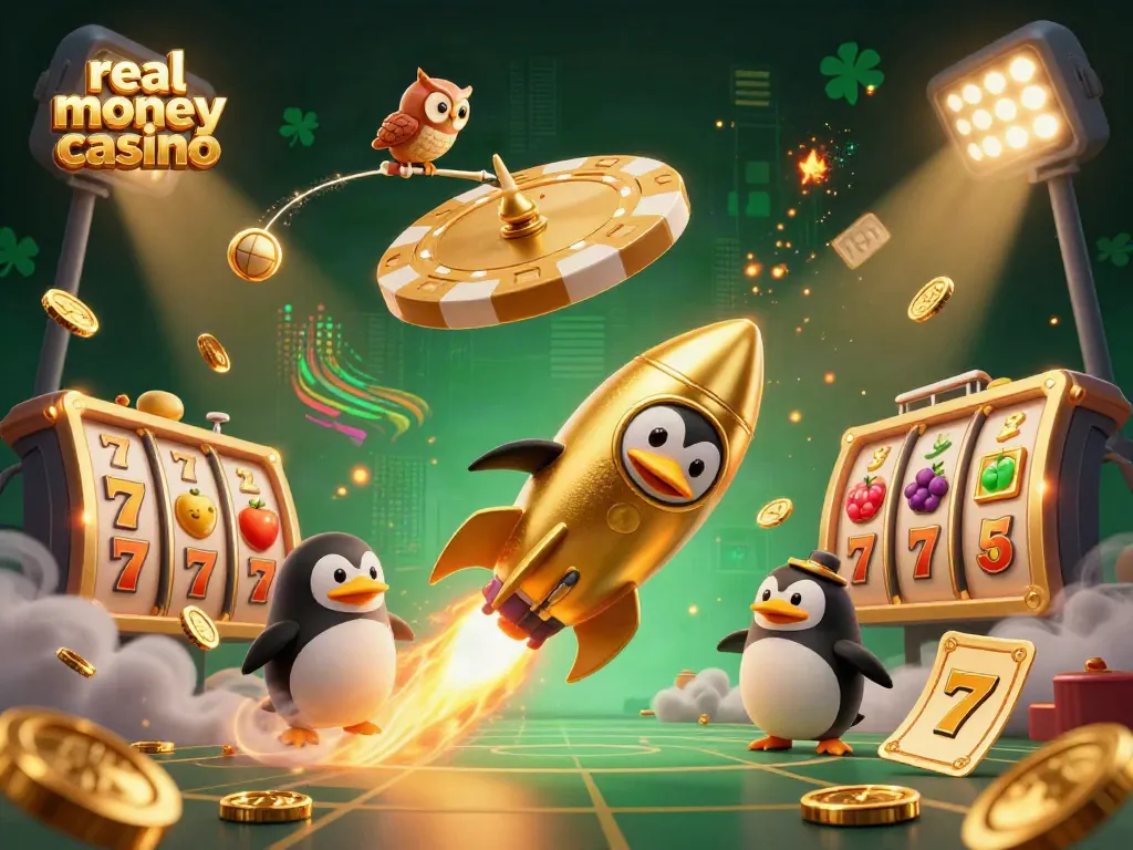Experience thrilling real money casino action with a golden penguin navigating to a poker-chip space station.