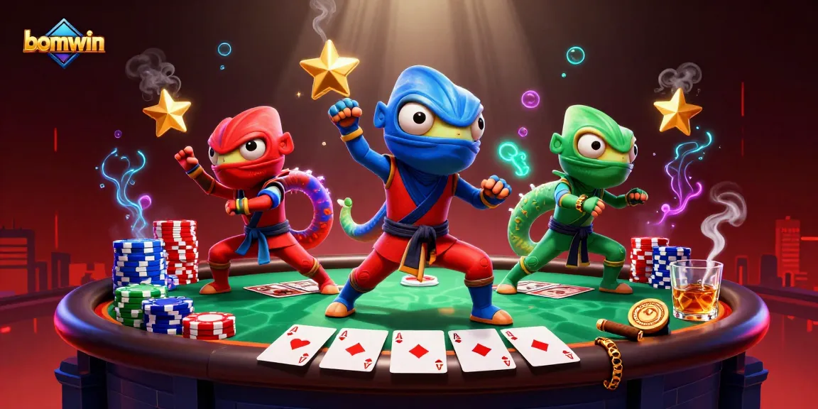 Engage in poker with bomwin's animated ninja chameleons showcasing thrilling card action.