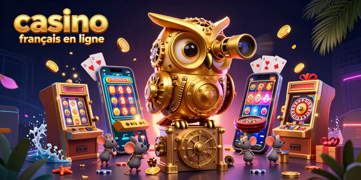 Découvrez un casino français en ligne animé avec un hibou or et des souris entre les machines à sous.