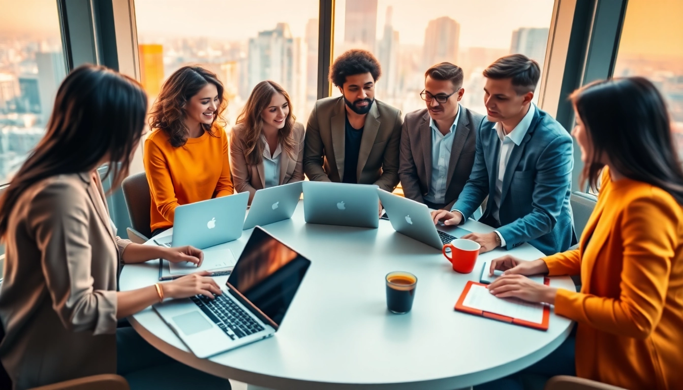 Dynamic collaboration at a PR agency Melbourne, showcasing a diverse team in a modern workspace.
