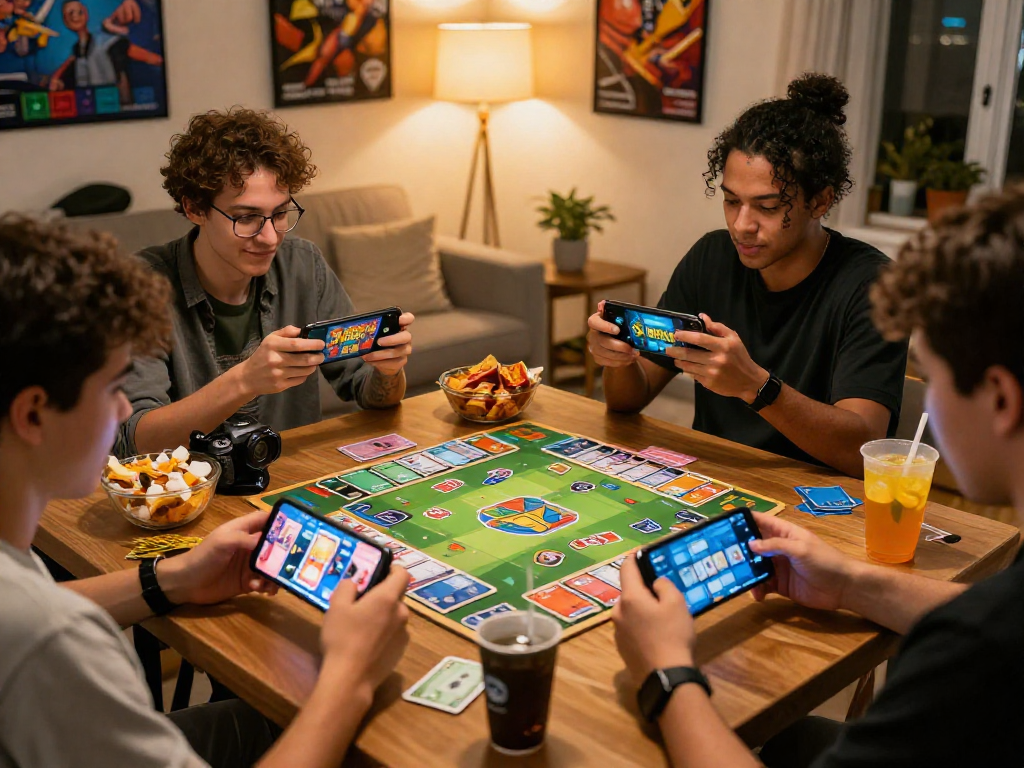 Exciting Rumble Rummy mobile gaming scene with diverse players enjoying skill-based matches in a cozy setting.