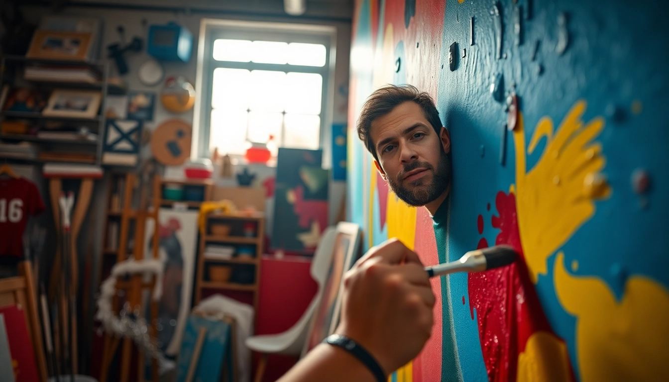 Painting commercial mural in progress by a professional artist showcasing vivid colors and dynamic creativity.