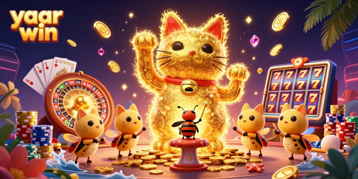 Experience yaar win with this dynamic 3D illustration of golden fireflies and casino symbols.