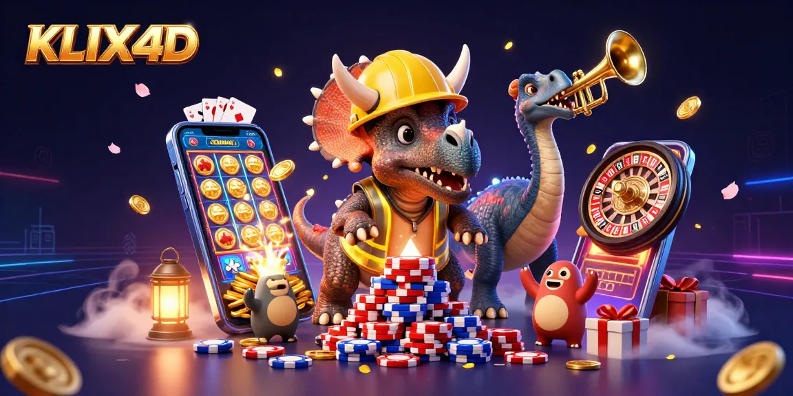 KLIX4D menawarkan suasana kasino dengan triceratops membangun tumpukan chip poker.