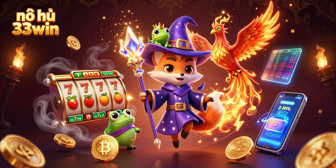 Nổ hũ 33win showcases a mystical fox wizard with a phoenix and engaging casino elements.