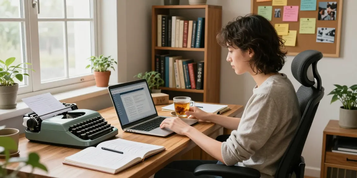 Visit our blog to discover a cozy home office scene featuring a professional writer immersed in creativity.