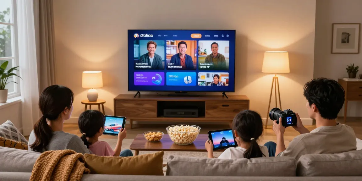Family watching digitaline IPTV in a cozy living room with a TV and snacks.