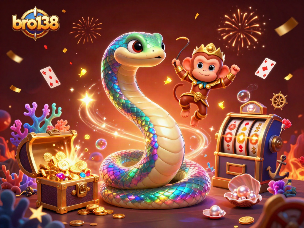 Spin the reels at bro138 with a vibrant scene of luck, including a rainbow serpent and treasure.
