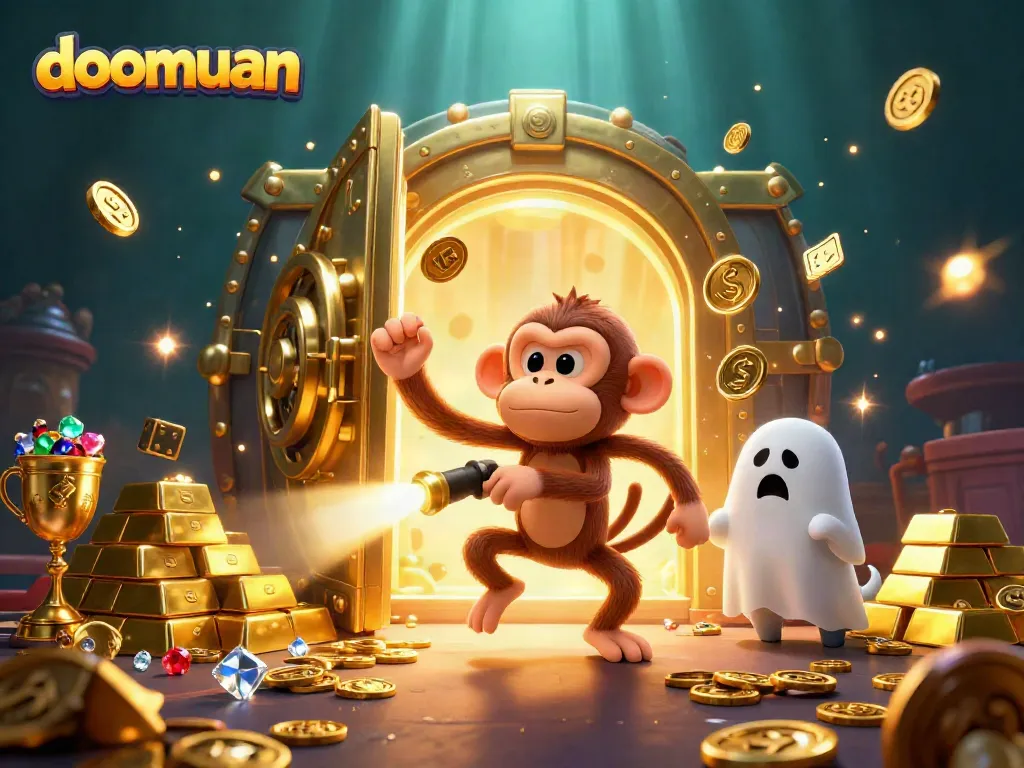 Experience thrill with doomuan's ghostly monkey juggling golden coins in a haunted casino.