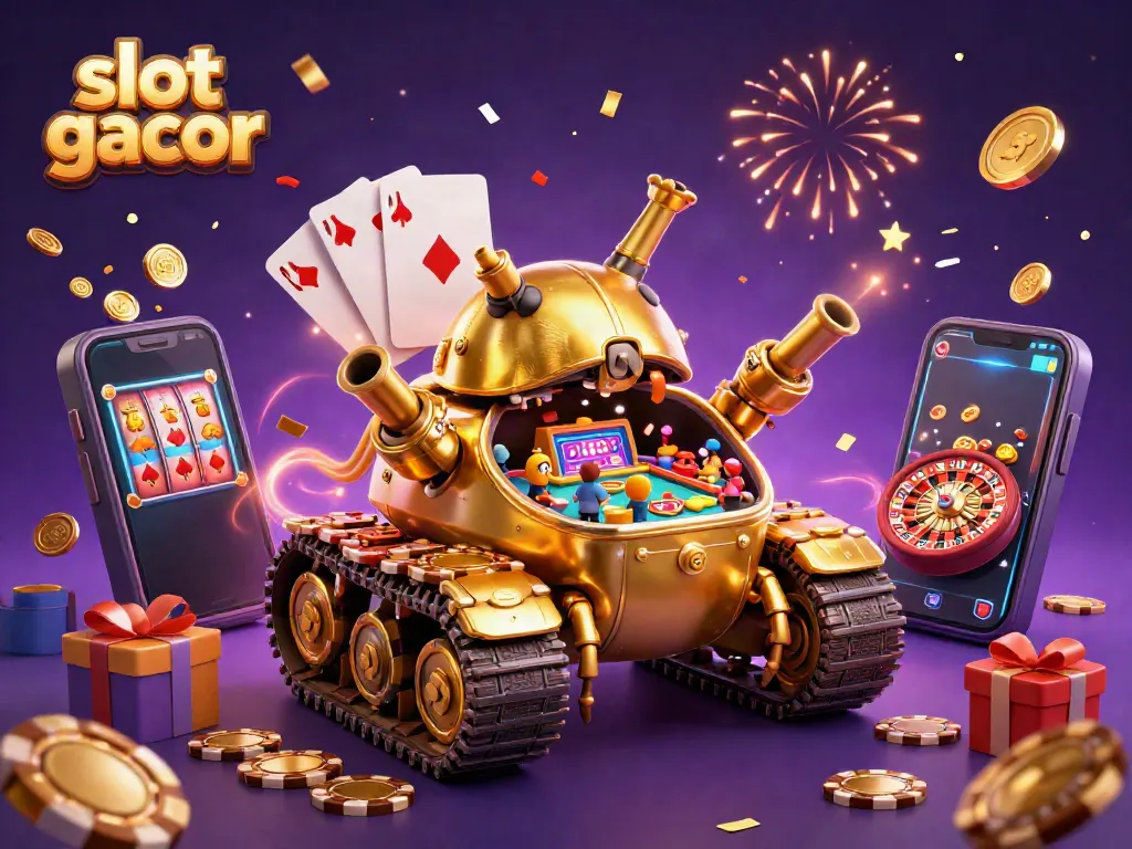 Slot gacor mengungkapkan suasana permainan kasino dengan tank kumbang emas dan permainan slot.