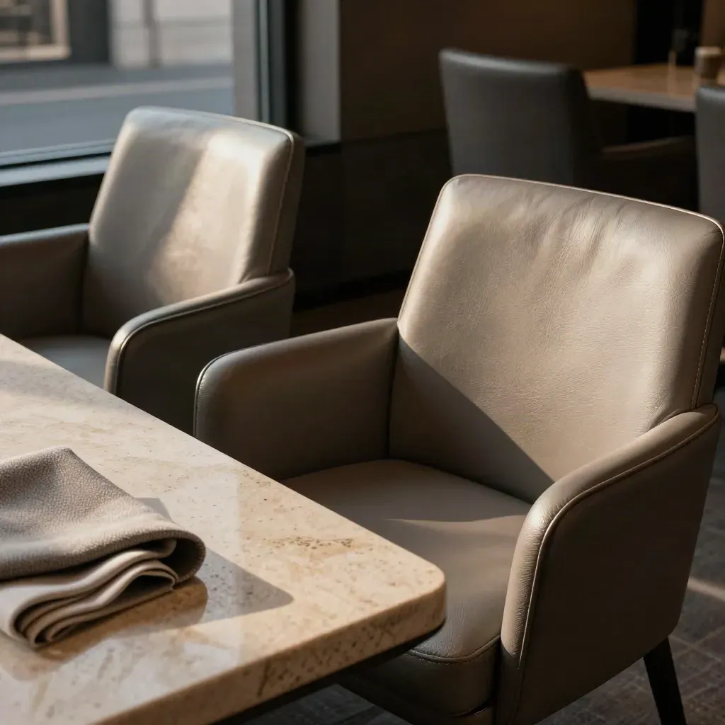 Leather chairs and stone table in a sunlit founder advisory lounge.