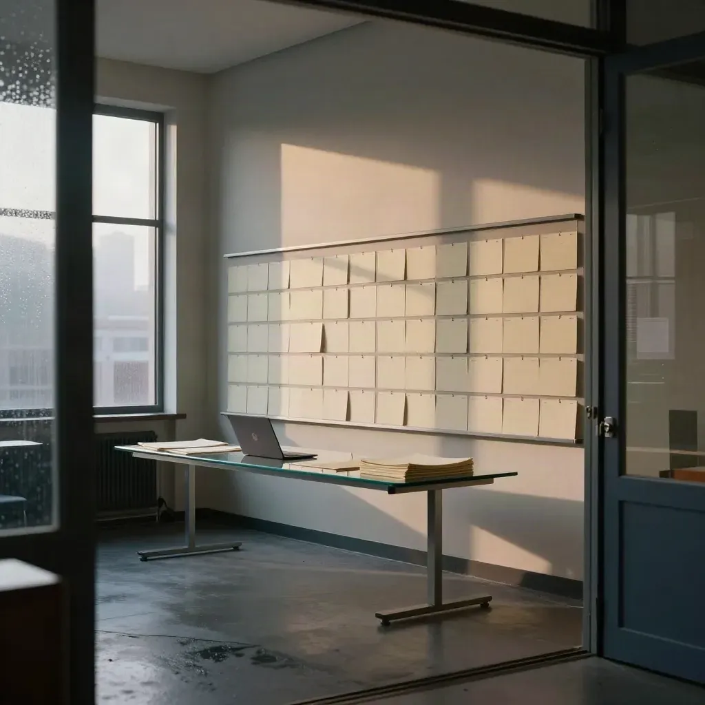 Rainy dawn strategy studio with planning wall, closed laptop, folios and skyline.