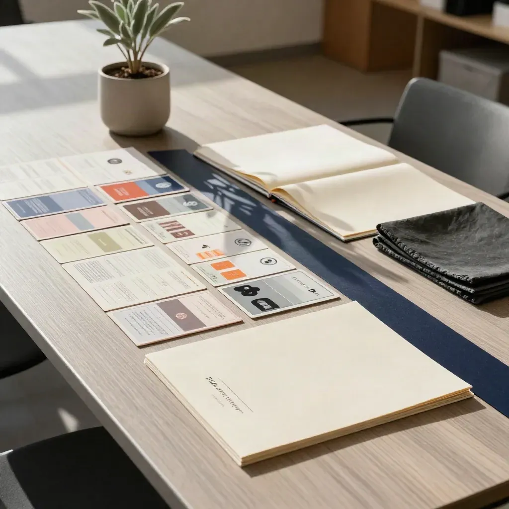 Top-down planning table with color-coded cards, cream folders, plant pot and slate cloth in soft morning light.