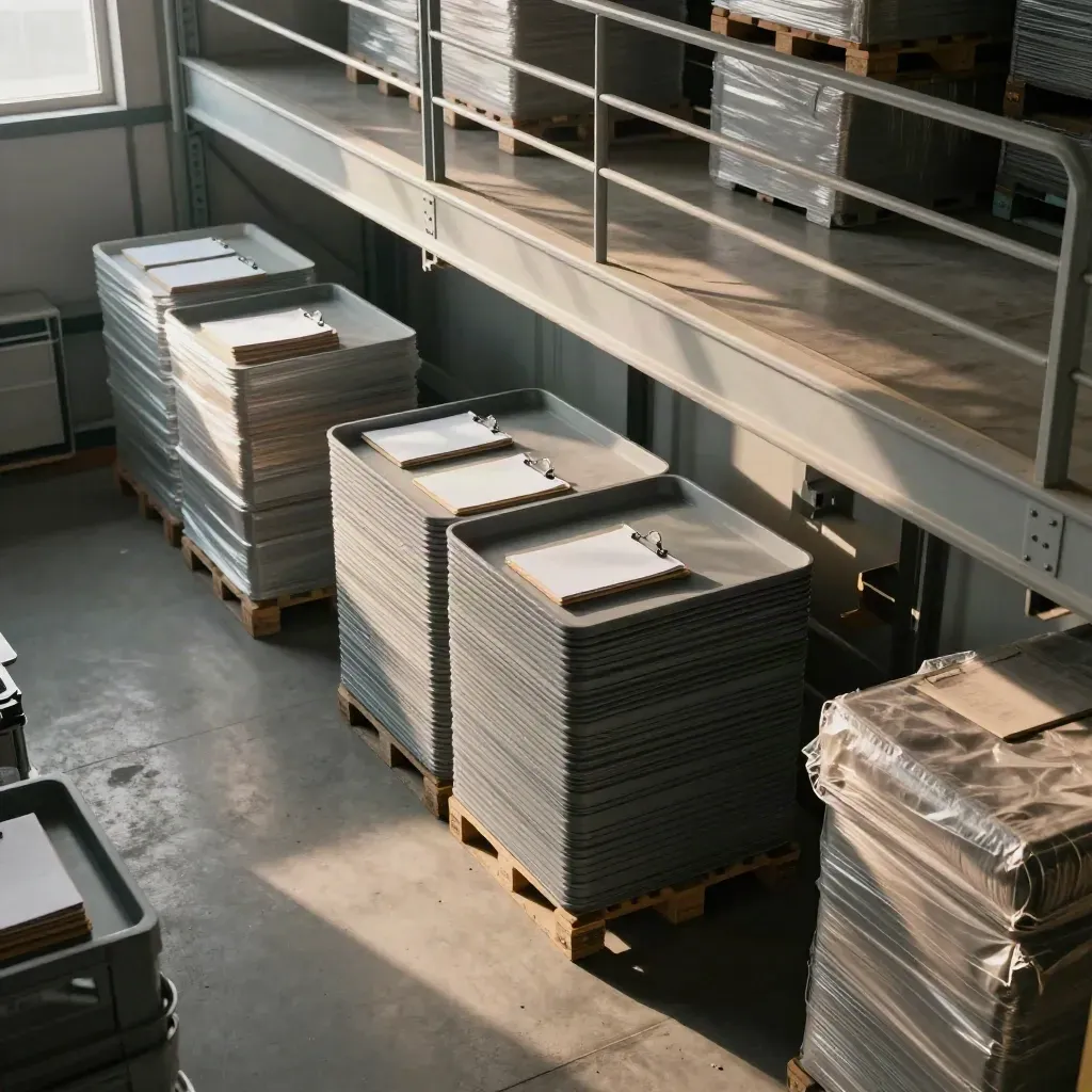 Warehouse mezzanine with stacked trays, face-down clipboards, and pale rails in late afternoon light.