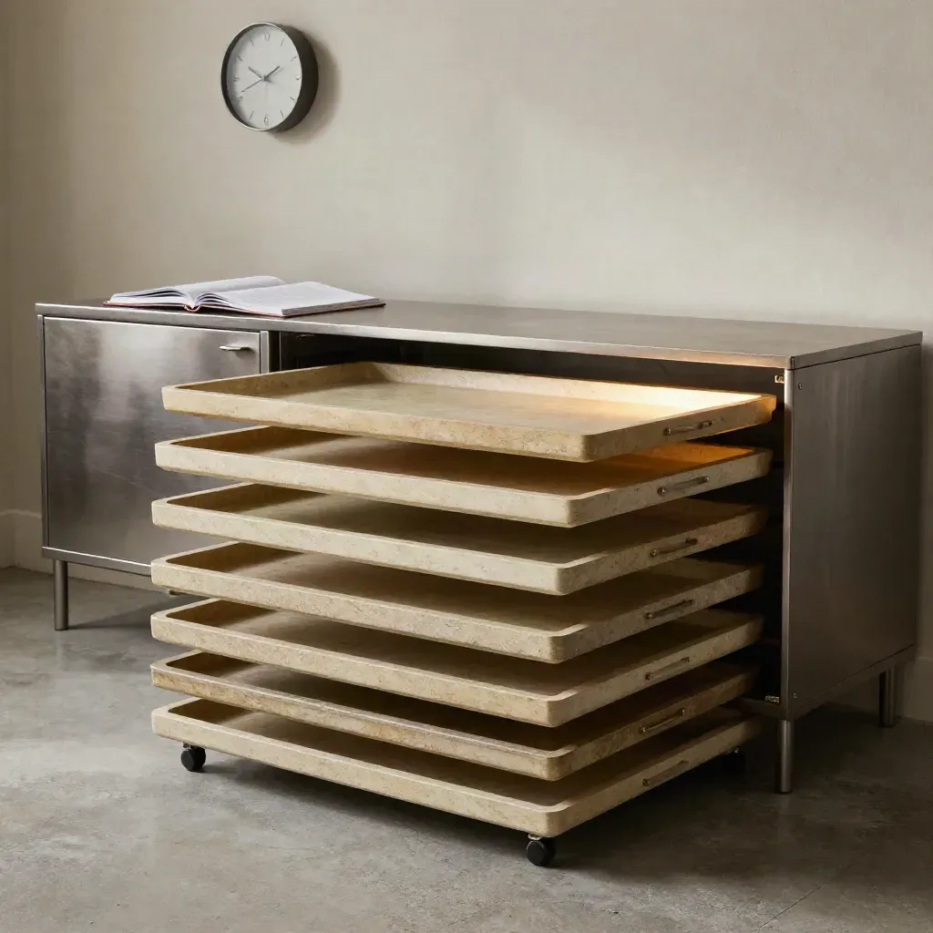 Stacked review trays and an open binder in a quiet consulting room with a wall shadow.
