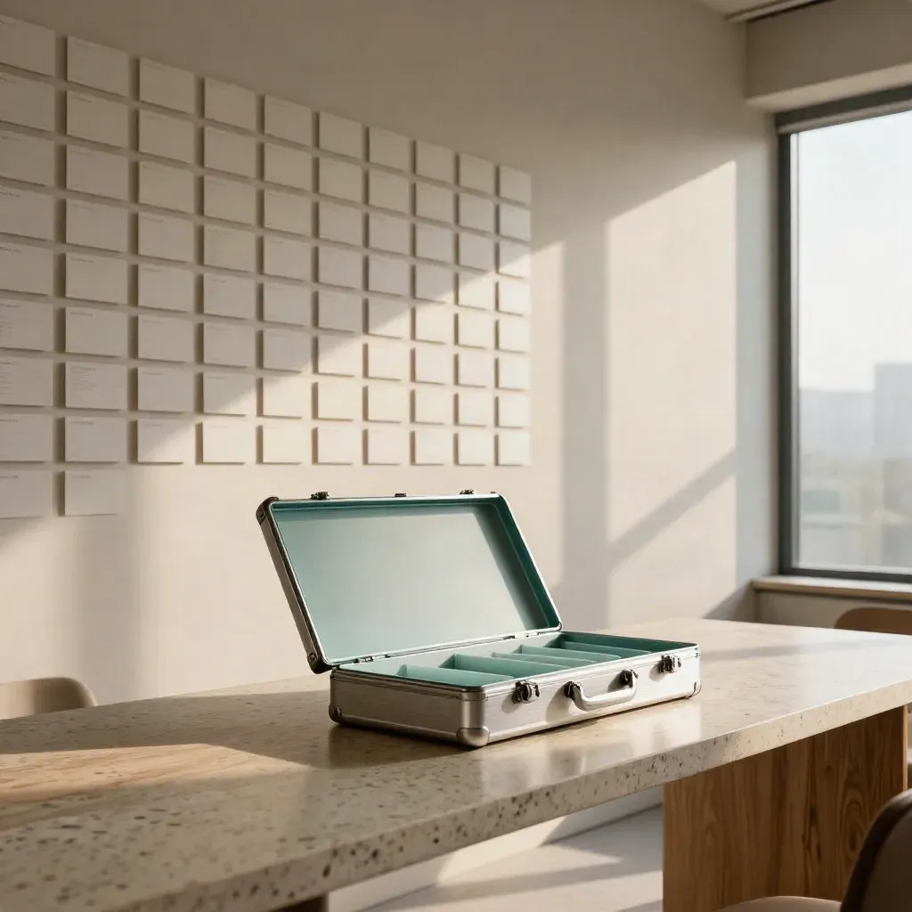 Loft wall of blank status cards, portable case and travertine table in late sun.