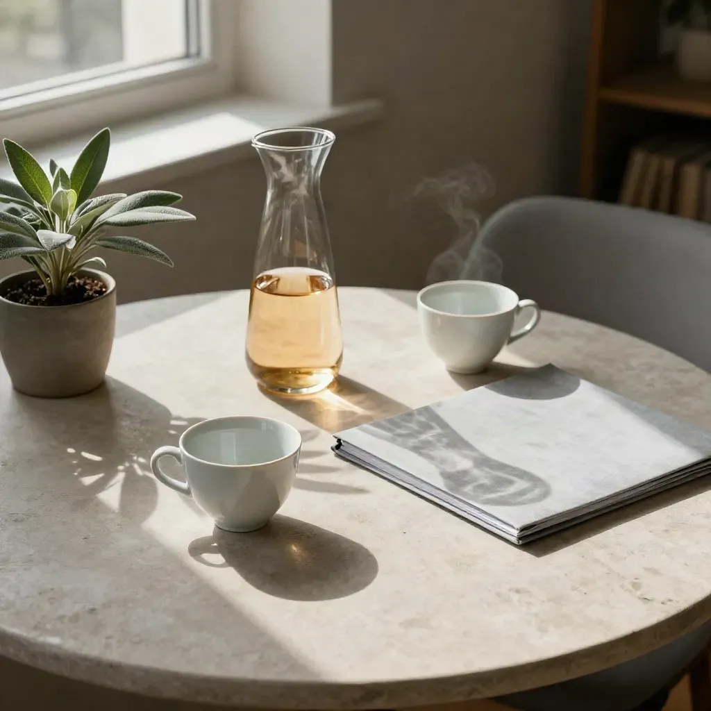 Quiet meeting nook with cups, water carafe, folder, and plant in warm afternoon light.