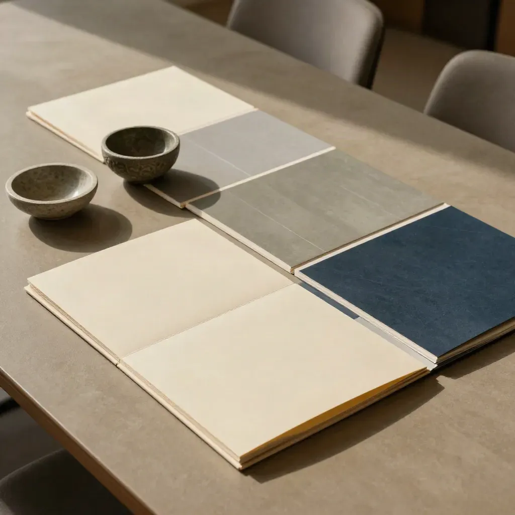 Overhead of folders, color tiles, and a stone bowl on a conference table