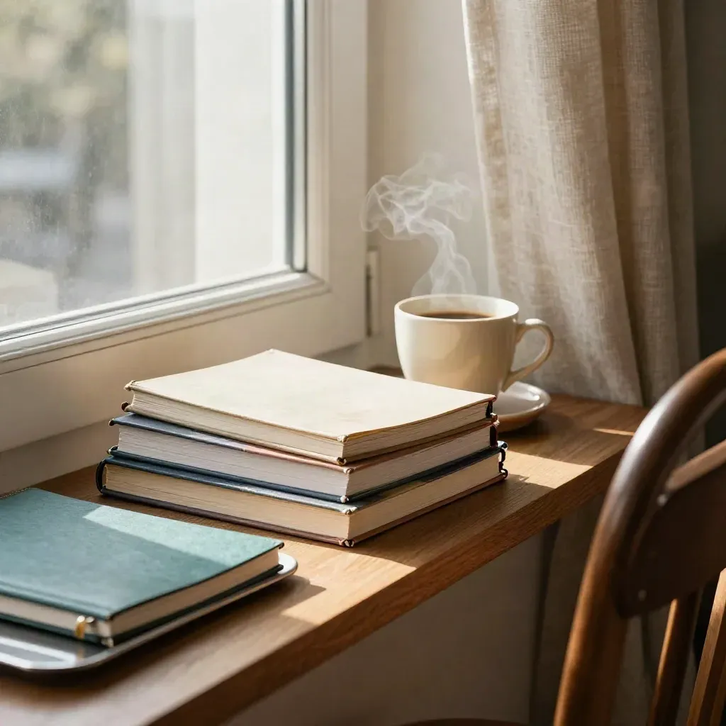Warm window nook with ledgers, steaming coffee, and a pulled-back chair