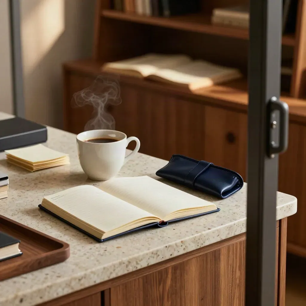 Quiet consulting sideboard with open notebook, cooled coffee cup and navy glasses case in warm doorway light.