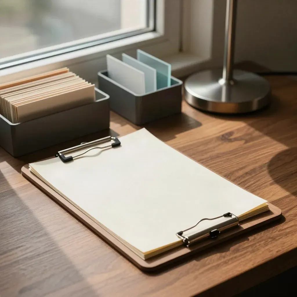 Clipboard, file tray, and lamp base by a window in a consulting office.