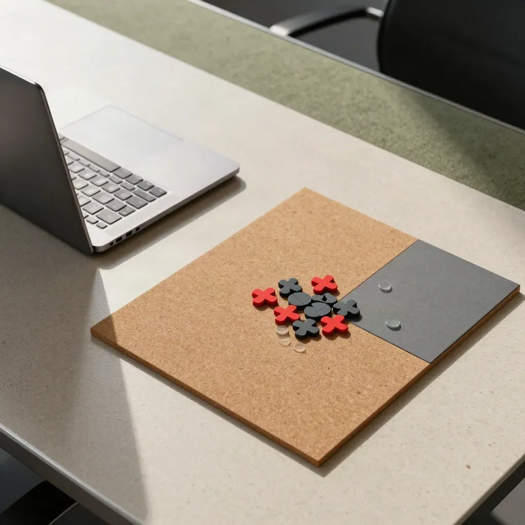 Overhead ops-risk board with red and slate tokens, closed laptop and folders on a stone table.