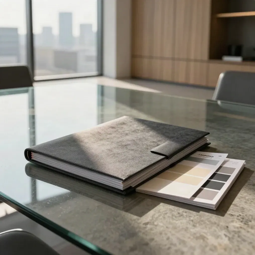 Quarterly review folders and color chips on a glass table in a sunlit meeting room
