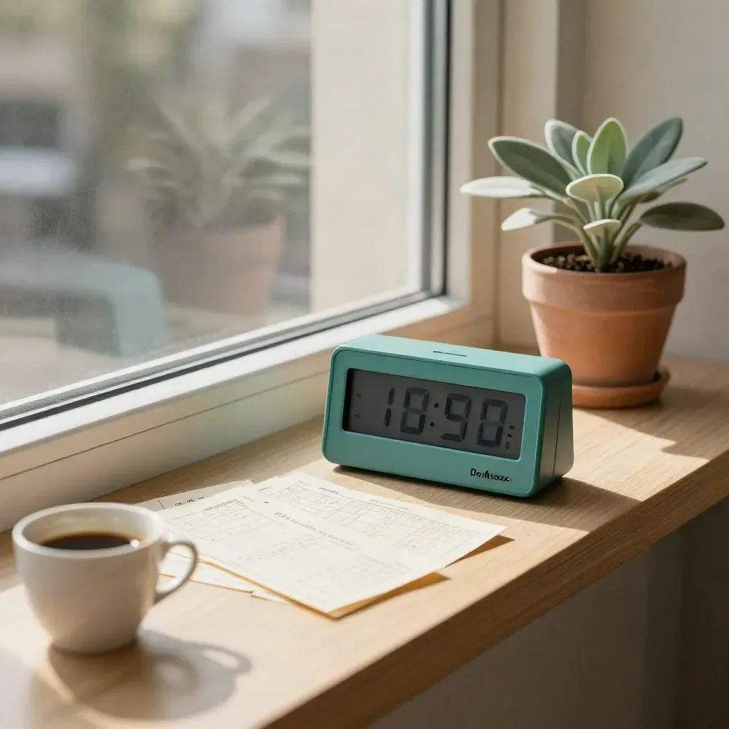 Teal timer, score cards, coffee cup and plant on a sunlit windowsill.