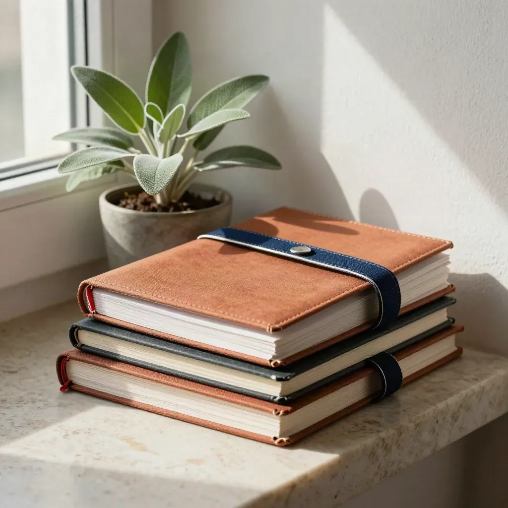 Pocket notebooks, folded consulting sheets and a small plant on pale plaster.