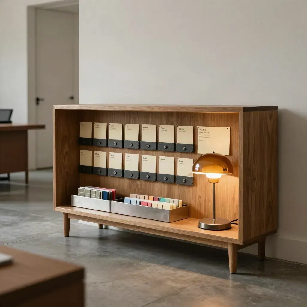 Compact consulting shelf with status cards, magnets, clip tray and warm lamp in a calm office.