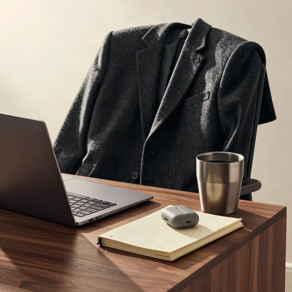 Closed laptop, jacket, notebook, earbuds case and travel mug gathered on a chair beside a desk.